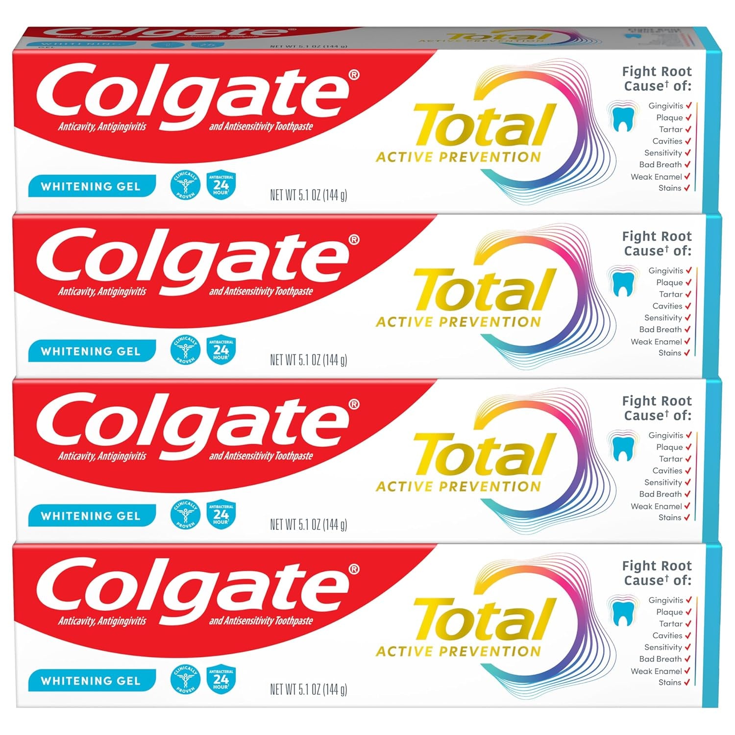 Colgate Total Active Prevention Whitening Gel Toothpaste with Fluoride, Bulk with Clinically Proven Formula That Fights Plaque Bacteria, Mint, 4 Pack, 5.1 Oz