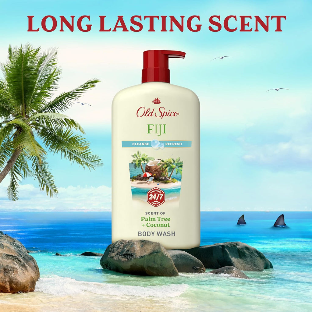 Old Spice Body Wash for Men, 24/7 Shower Fresh with Lasting Scent, Cleanse & Refresh, Gentle on Skin, Vitamin B3, Fiji with Palm Tree + Coconut Scent, 25 Oz (Pack of 4)