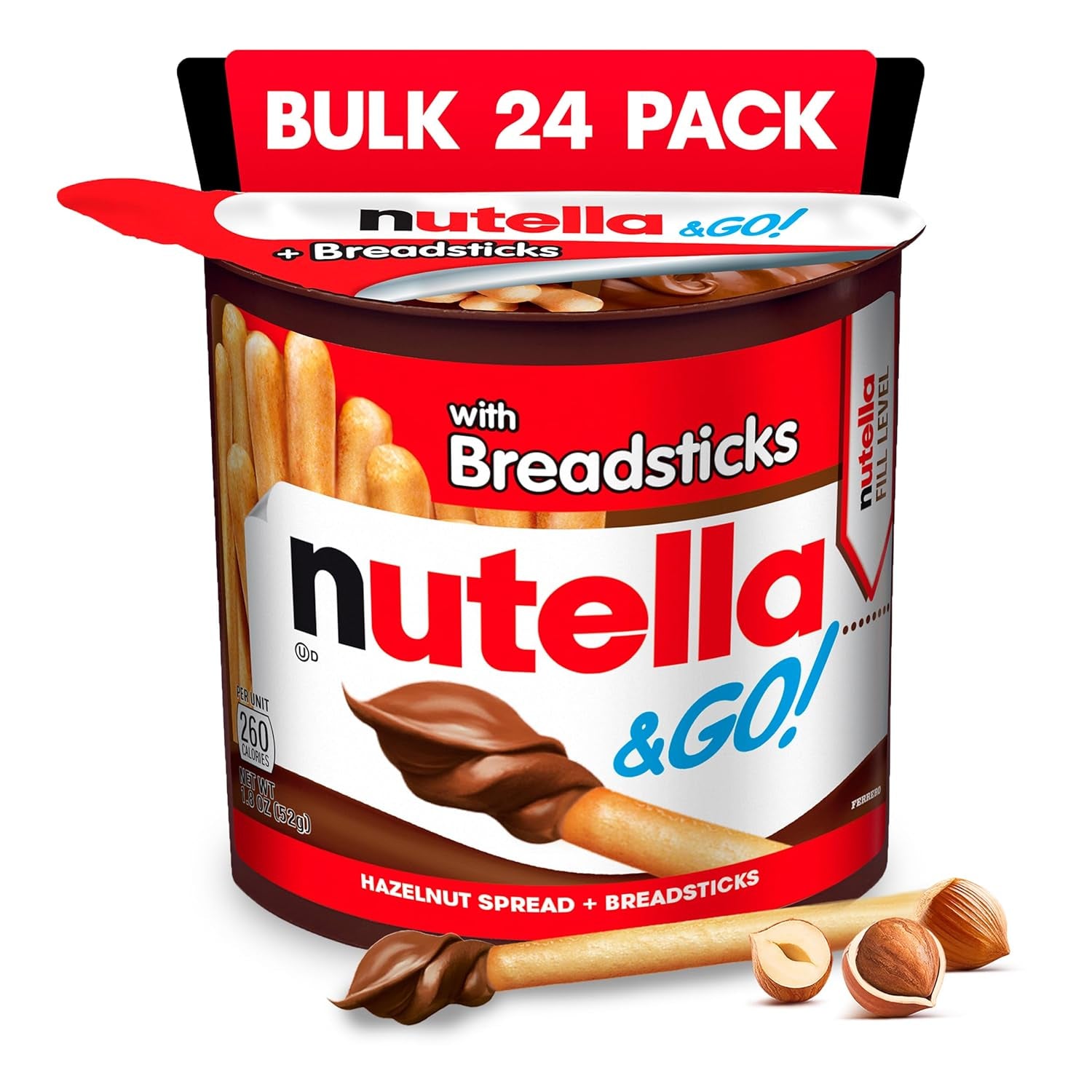Nutella & GO! Chocolate Hazelnut Spread with Cocoa + Breadsticks, 24 Bulk Snack Packs, 1.8 Oz Each