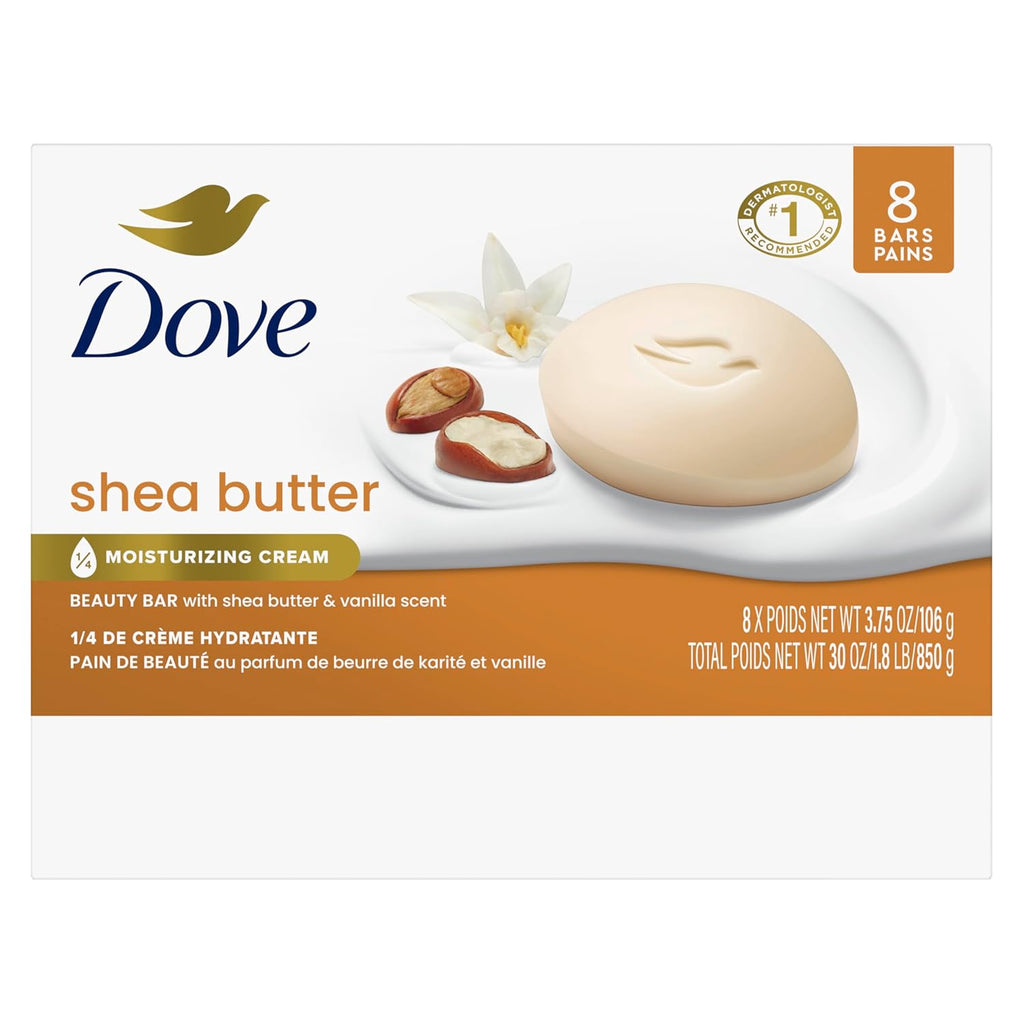 Dove Beauty Bar Soap Shea Butter, 8 Bars for Nourished, Radiant Skin, Enriches Skin 3.75 Oz