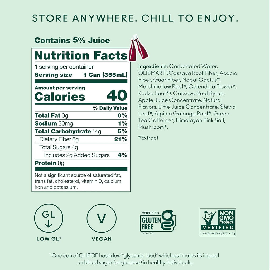 OLIPOP Prebiotic Soda Pop, Vintage Cola, Pantry Pack Packed with Prebiotics, Fiber, and Botanicals, Gluten Free, GMO Free, 12Oz (12-Cans) (Packaging May Vary)