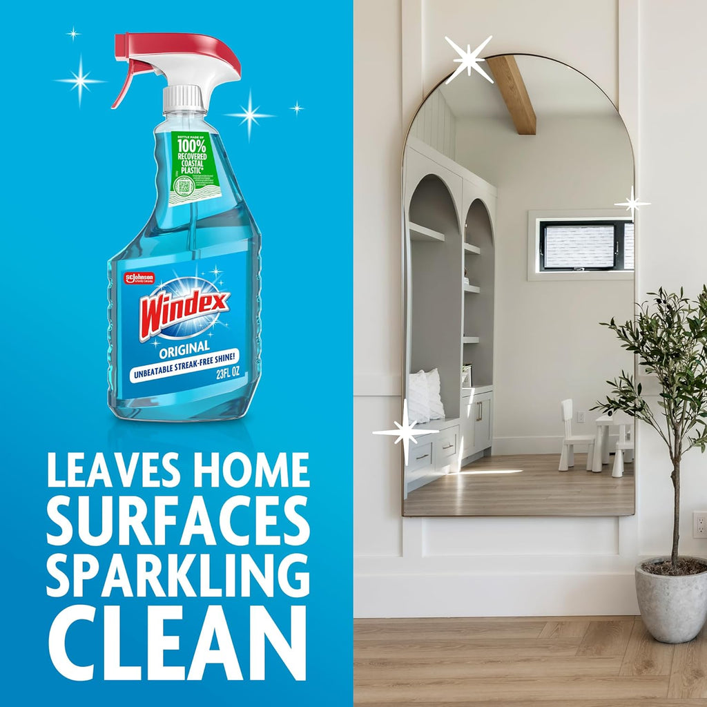 Windex Glass and Window Cleaner Spray Bottle, Packaging Designed to Prevent Leakage and Breaking, Surface Cleaning Spray, Original Blue Scent, 23 Fl Oz