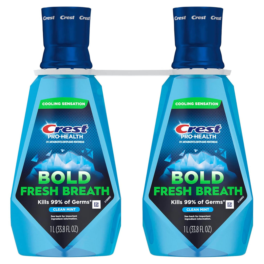 Crest Mouthwash Pro-Health Bold Fresh Breath, 99% Germ Kill, Antigingivitis & Antiplaque, Clean Mint - 1 L (33.8 Fl Oz), Pack of 2