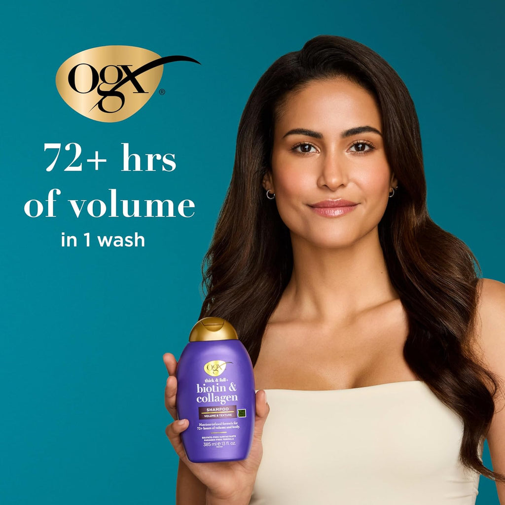 OGX Thick & Full + Biotin & Collagen Volumizing Shampoo, Nutrient-Infused Hair Shampoo with Vitamin B7 Biotin Gives Hair Volume & Body for 72+ Hours, Sulfate-Free Surfactants, 13 Fl. Oz