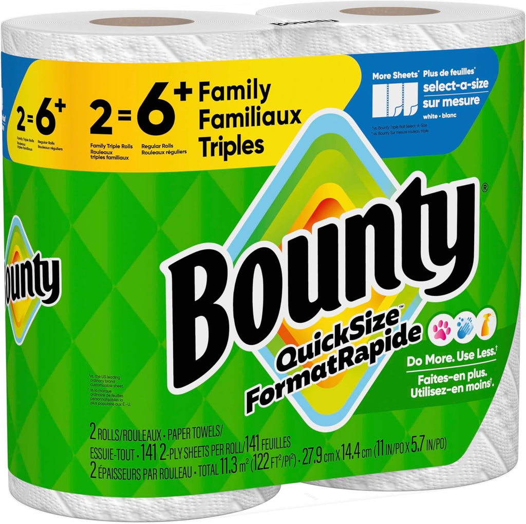 Paper Towels Quick Size, White, 2 Family Triple Rolls = 6+ Regular Rolls