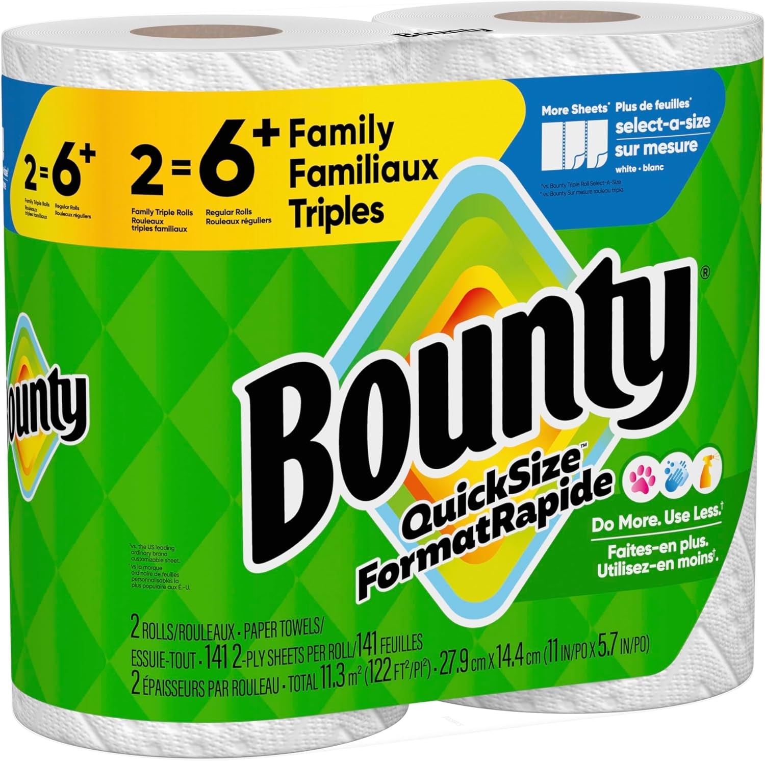 Paper Towels Quick Size, White, 2 Family Triple Rolls = 6+ Regular Rolls