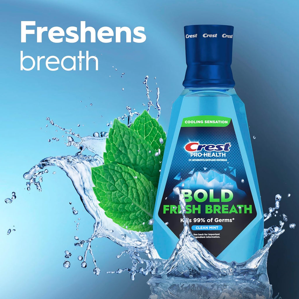 Crest Mouthwash Pro-Health Bold Fresh Breath, 99% Germ Kill, Antigingivitis & Antiplaque, Clean Mint - 1 L (33.8 Fl Oz), Pack of 2