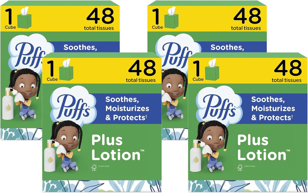 Puffs plus Lotion Facial Tissue, 48 Tissues, Pack of 4 | Cube Box