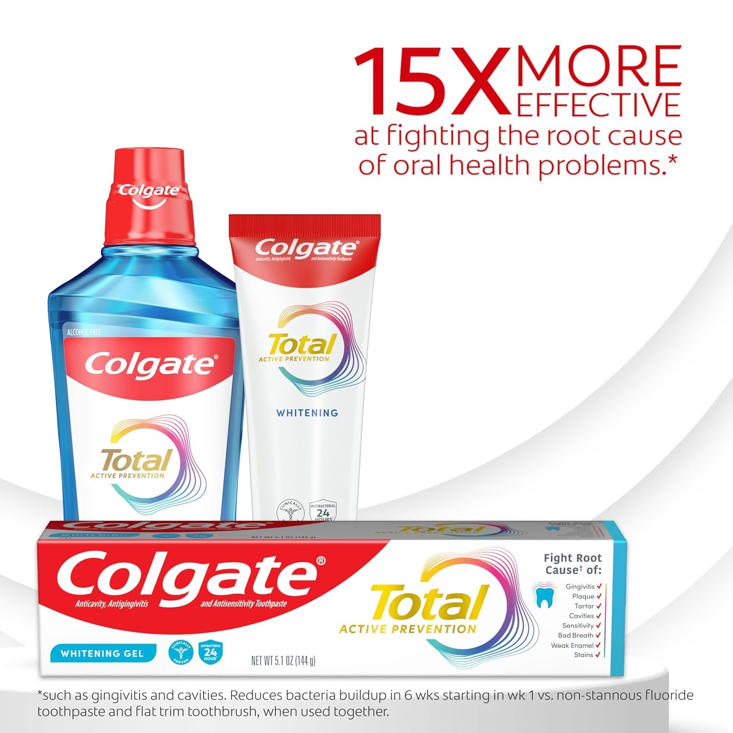 Colgate Total Active Prevention Whitening Gel Toothpaste with Fluoride, Bulk with Clinically Proven Formula That Fights Plaque Bacteria, Mint, 4 Pack, 5.1 Oz