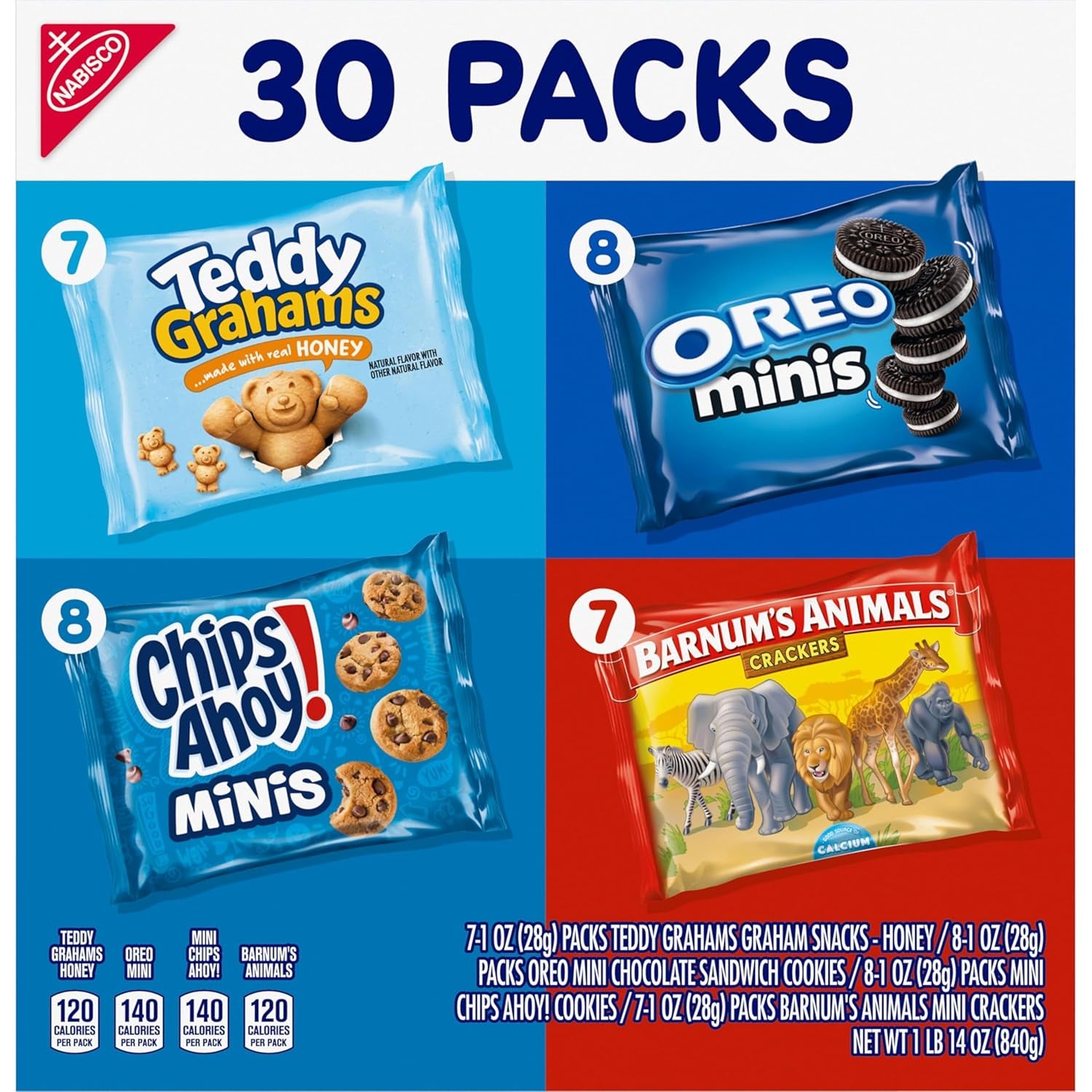 Team Favorites Snacks Variety Pack, BARNUM'S Animal Crackers, TEDDY GRAHAMS, ​CHIPS AHOY! Minis, and OREO Minis Cookies, 30 Snack Packs