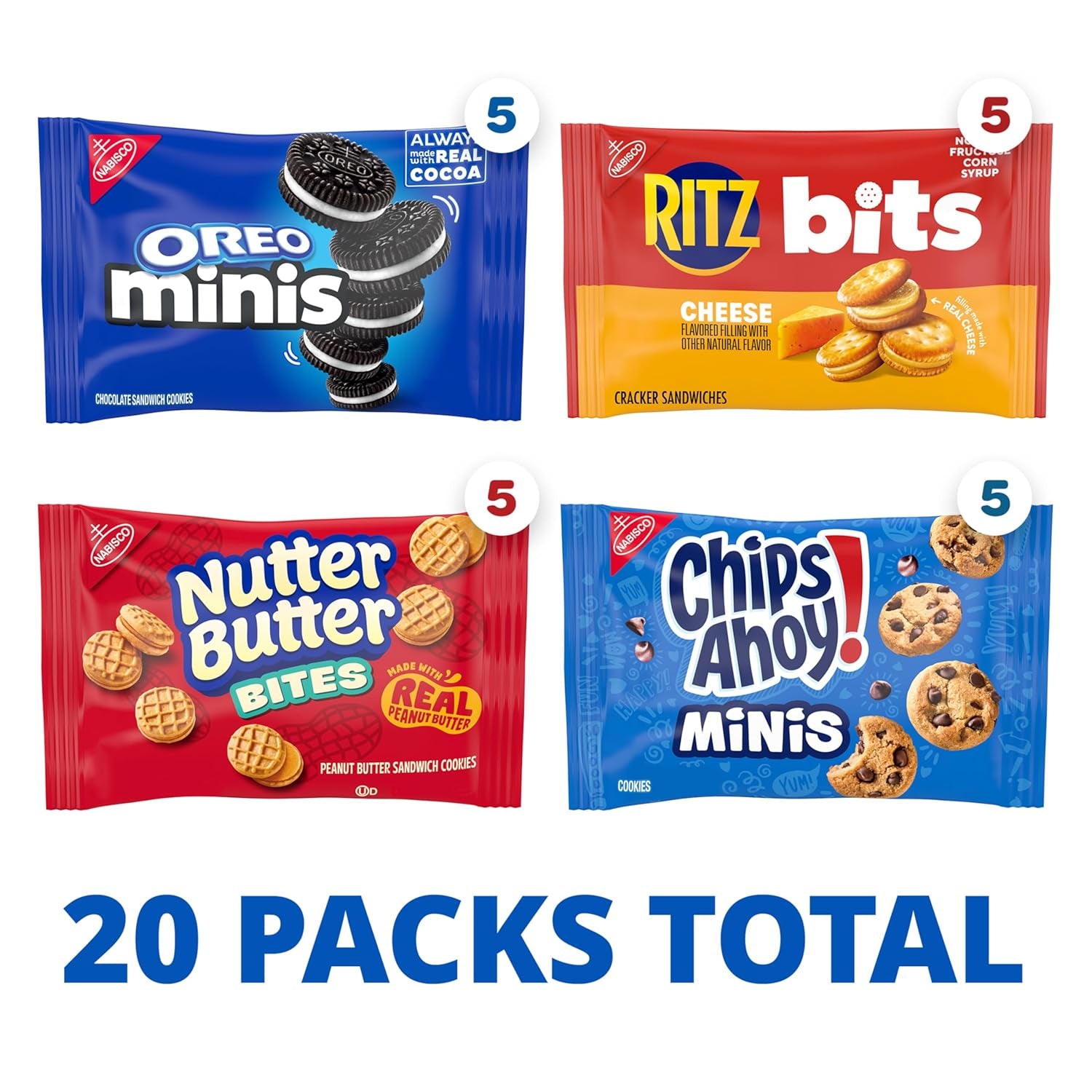 Snacks Variety Pack, OREO Minis, Nutter Butter Bites, CHIPS AHOY! Minis Cookies, and RITZ Bits Cheese Sandwich Crackers, 20 Snack Packs