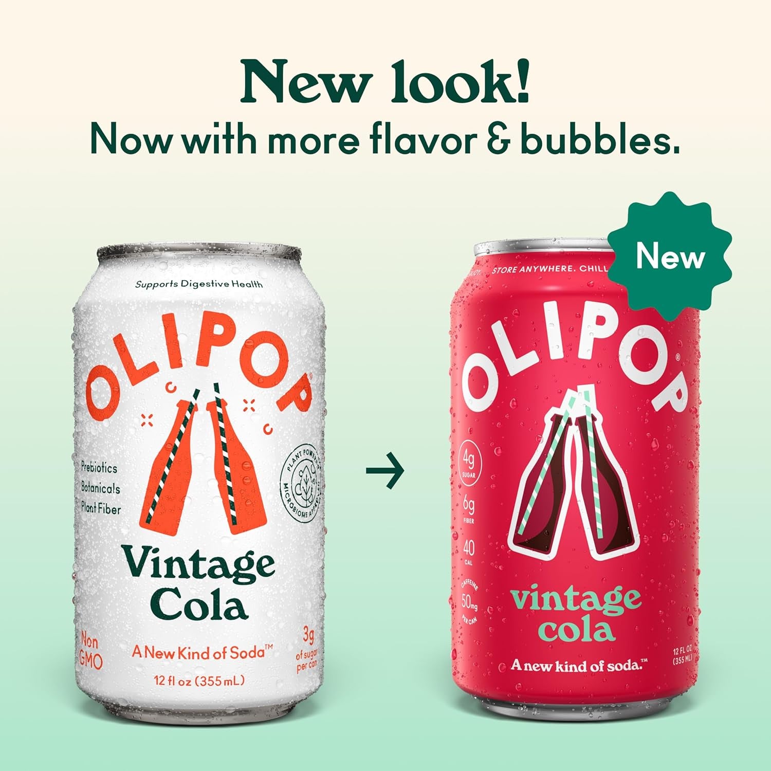 OLIPOP Prebiotic Soda Pop, Vintage Cola, Pantry Pack Packed with Prebiotics, Fiber, and Botanicals, Gluten Free, GMO Free, 12Oz (12-Cans) (Packaging May Vary)