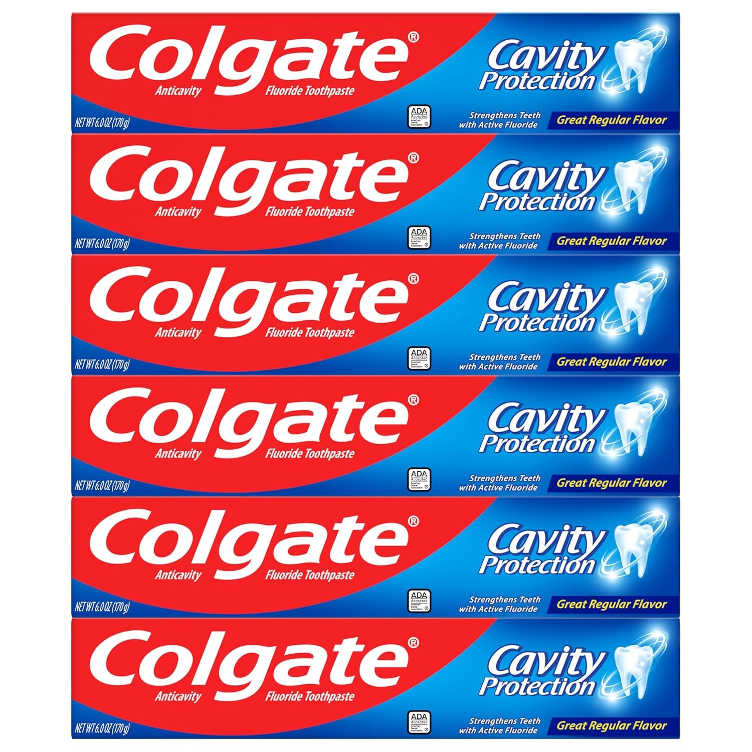 Colgate Cavity Protection Toothpaste with Fluoride, Minty Great Regular Flavor, anti Cavity Toothpaste, 6 Pack, 6 Oz Tubes