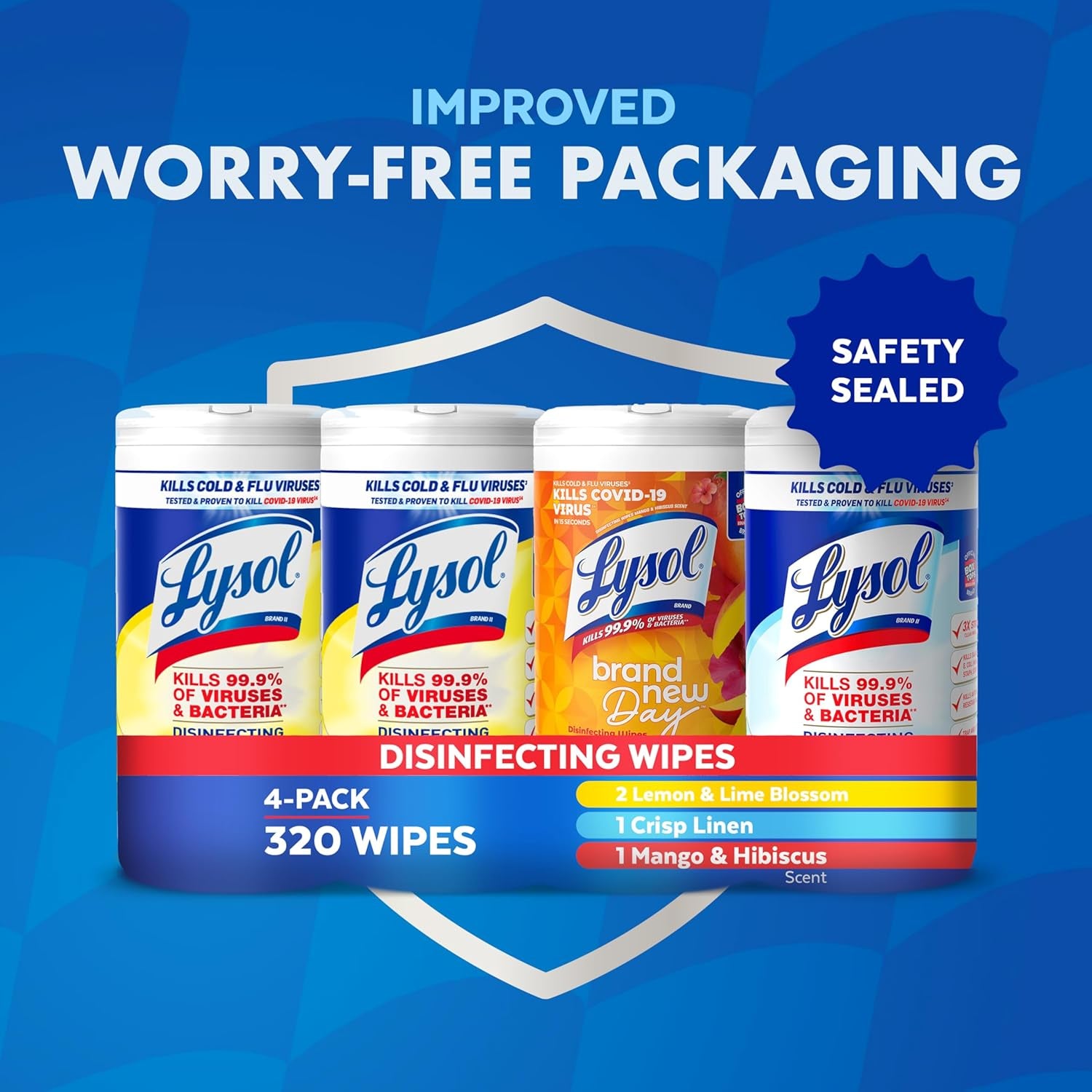 Disinfecting Wipes, All Purpose Cleaner, Multi-Surface Antibacterial Cleaning Wipes, Household Cleaning Supplies, Dorm Essentials, Lemon + Mango & Hibiscus + Crisp Linen Scent, 80 Ct. (4 Pack)