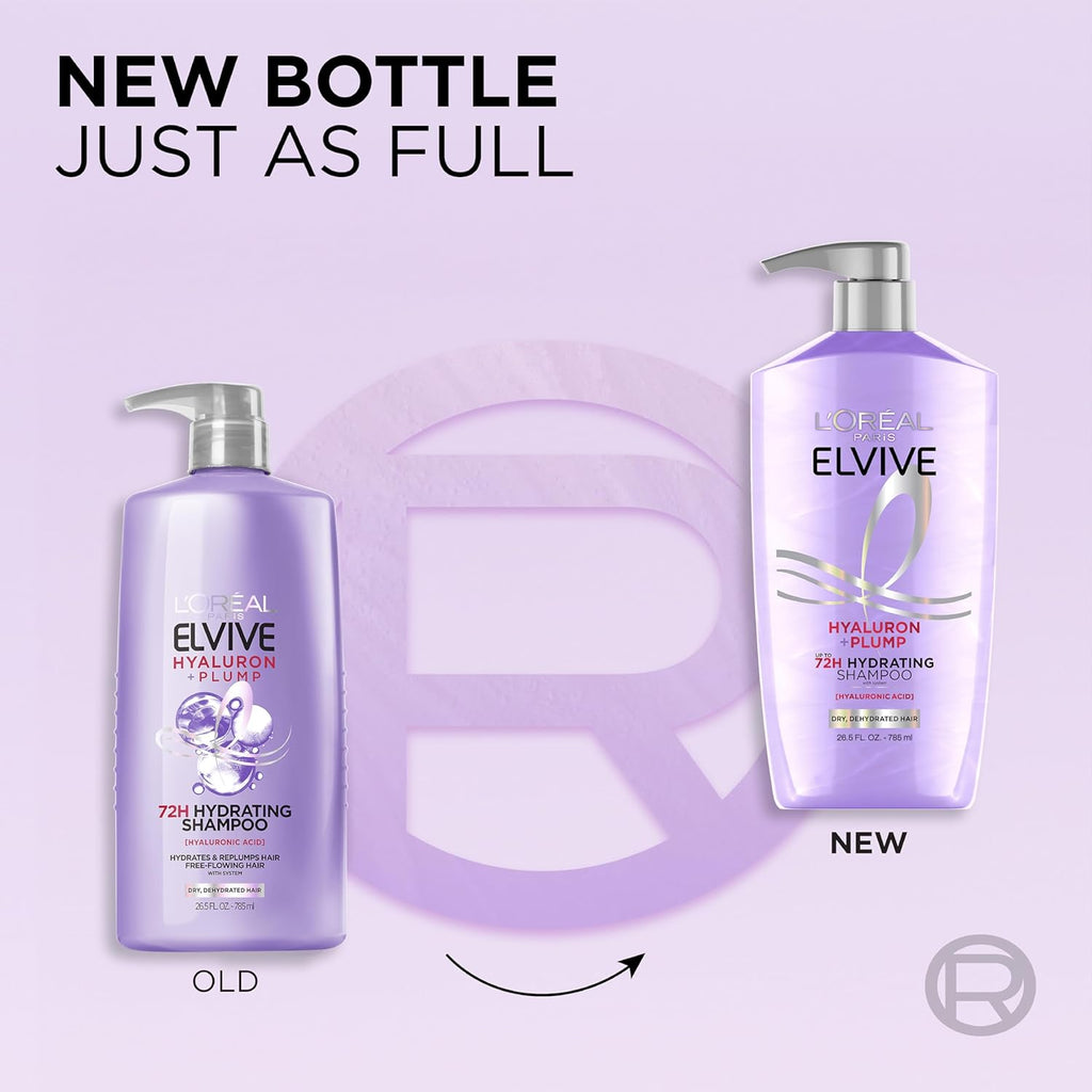 L'Oreal Paris Elvive Hyaluron Plump Shampoo and Conditioner Set for Dry, Dehydrated Hair, 72H Hydrating Hair Care, Infused with Hyaluronic Acid Complex, 53 Fl Oz Set