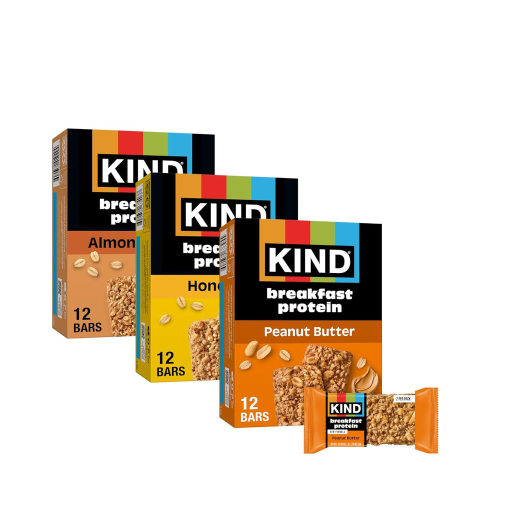KIND Breakfast Protein Bars Variety Pack, Gluten Free, Low Sodium, Healthy Snacks, Peanut Butter, Honey Oat, Almond Butter, 8G Protein, 18 Count (18 Packs of 2 Bars)