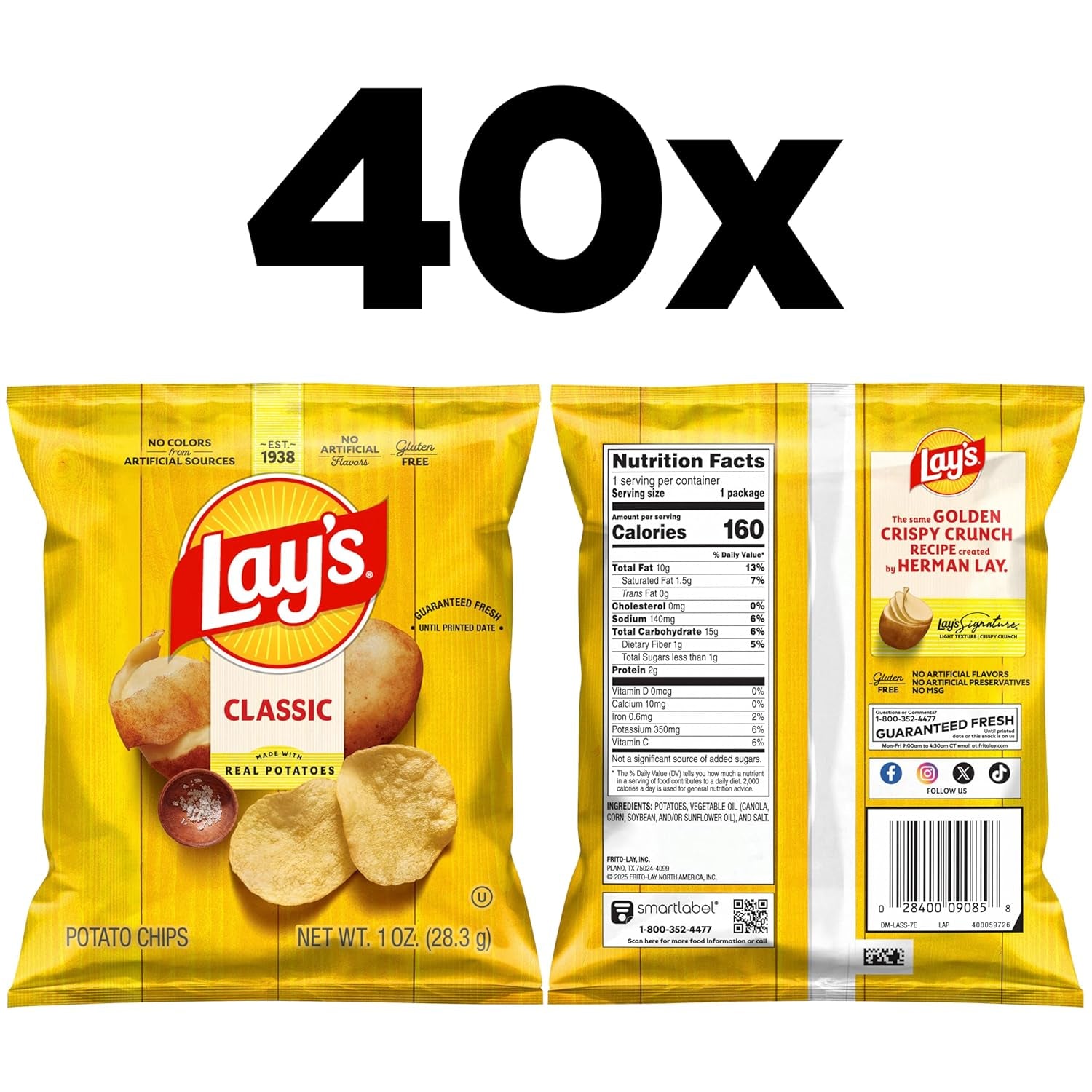 Lay'S Potato Chips, Classic, 1 Ounce (Pack of 40)