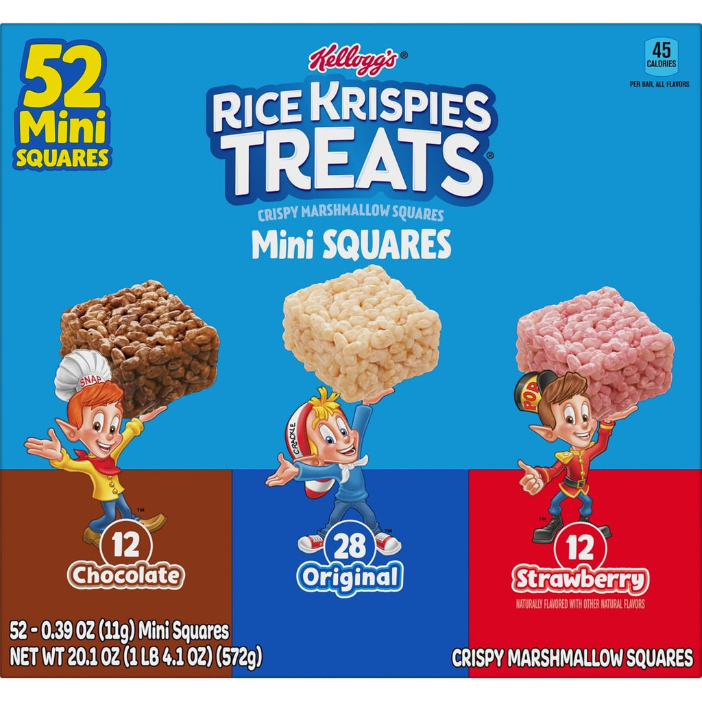 Mini Crispy Marshmallow Squares, Kids Snacks Box, Cereal Bars, Variety Pack (52 Bars)