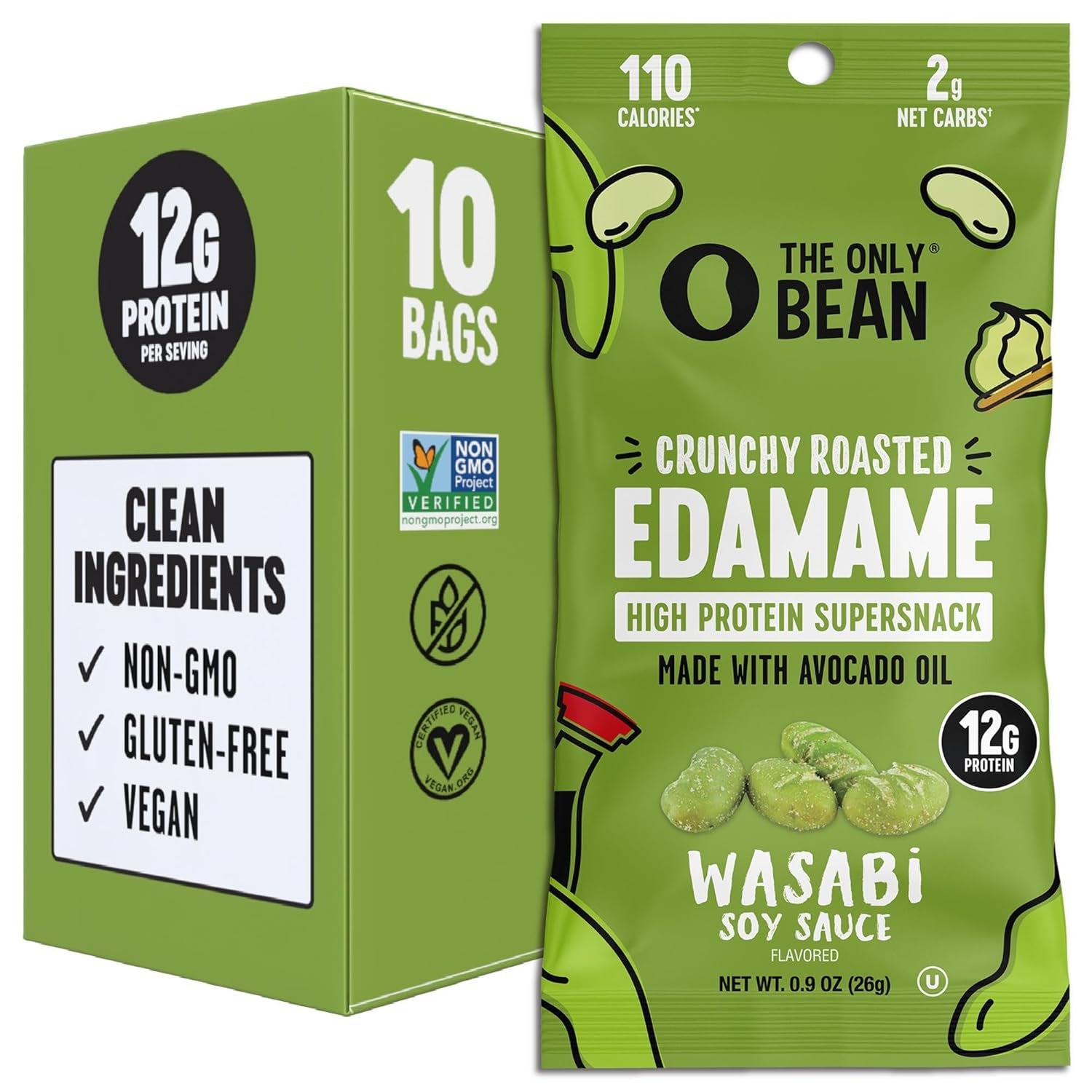 The Only Bean Crunchy Dry Roasted Edamame Snacks (Sea Salt), Healthy High Protein(11G) Keto Food, Low Carb Gluten Free Office Vegan Food 100 Calorie Snack Pack, 0.9Oz 10 Pack